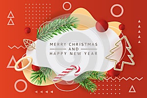 Merry Christmas, Happy New Year poster, banner design. Vector 3d illustration of fir branches, gold metal Christmas tree