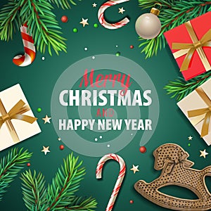 Merry Christmas and Happy New Year poster or banner with gift box, candy stick and holiday elements for Xmas Promotion