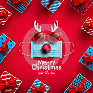 Merry Christmas & Happy New Year Poster or banner with gift box and Symbol of reindeer from Medical Mask,red sunglasses,antler and