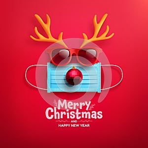 Merry Christmas & Happy New Year Poster or banner with Symbol of reindeer from Medical Mask,red sunglasses,antler and chritmas
