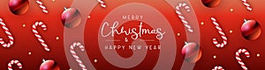 Merry Christmas and happy New Year poster with candy cane and christmas holiday decorations. Christmas holiday background.