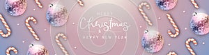 Merry Christmas and happy New Year poster with candy cane and christmas holiday decorations. Christmas holiday background.