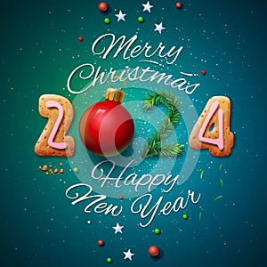 Merry Christmas and Happy New Year 2024 poster, greeting card, template