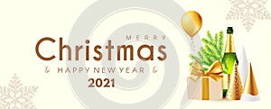 Merry Christmas and Happy New 2021 Year poster template with champagne bottle, glasses, fri tree branches and gift box