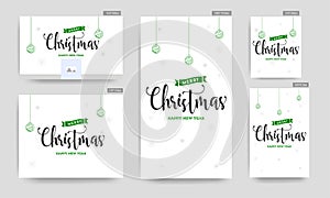 Merry Christmas & Happy New Year poster and template or greeting card design with hanging lanterns and snowflake decorated on