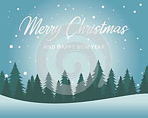 merry christmas and happy new year poster or wallpaper vector design with snowy pine tree theme