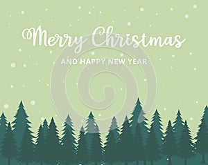 merry christmas and happy new year poster or wallpaper vector design with snowy pine tree theme