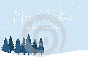 merry christmas and happy new year poster or wallpaper vector design with snowy pine tree theme