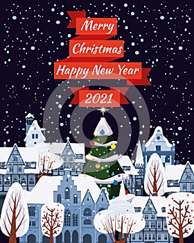 Merry Christmas and Happy New Year poster, winter old town cityscape. Urban landscape greeting card. Vector illustration