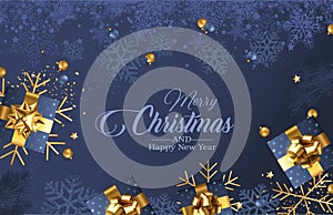 Merry Christmas and Happy new year realistic background with present ornaments. Blue Happy New Year background.