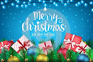 Merry Christmas and Happy New Year Realistic Creative Banner with Lots of Presents