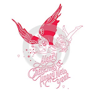 Merry Christmas and Happy New Year. Red Angel with Hearts and Snowflakes. Handwritten Text. Vector