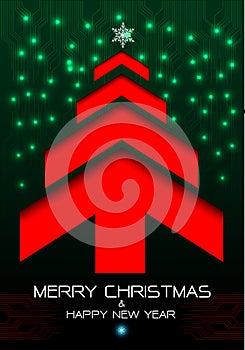 Merry Christmas and Happy New Year red arrow tree on green curcuit light energy technology design for holiday festival