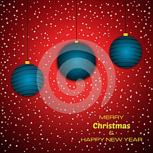 Merry Christmas and Happy New Year red background with christmas balls