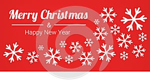 Merry christmas and happy new year, red background with snowflakes and place for text, illustration