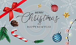 Merry Christmas and Happy New Year red bow ribbon pine cone gold star silver ball on grey with text design for holiday festival