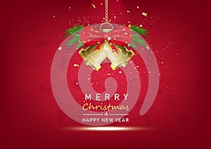 Merry Christmas and Happy New Year, red celebration greeting card background, gold paper confetti and bells decoration with stars