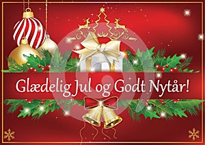 Merry Christmas and Happy New Year - red greeting card in Danish