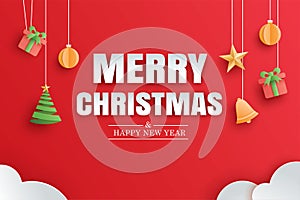 Merry christmas and happy new year red greeting card in paper art banner template. Use for header website, cover, flyer