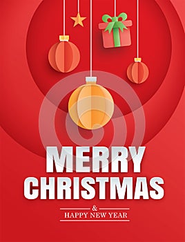 Merry christmas and happy new year red greeting card in paper art banner template. Use for header website, cover, flyer