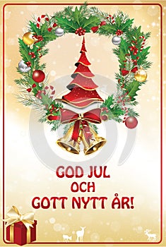 Merry Christmas and Happy New Year - red greeting card in Swedish