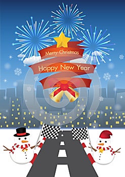 Merry christmas and happy new year on a red ribbin and Snowman with road to night city background