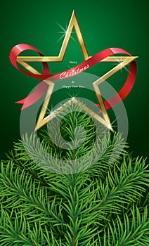 Merry christmas and happy new year with red ribbon gold star