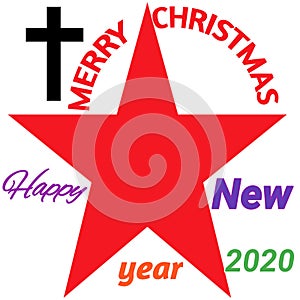 MERRY CHRISTMAS  and happy New year. Red star ,Chirstian cross symbol with white background.