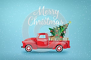 Merry Christmas and Happy New Year with red truck