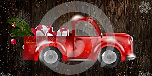 Merry Christmas and Happy New Year with red truck and christmas tree.