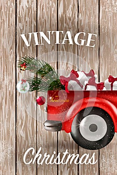 Merry Christmas and Happy New Year with red truck and christmas tree.
