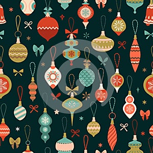 Merry Christmas and Happy New Year Retro Seamless Pattern. Christmas Balls and Bows