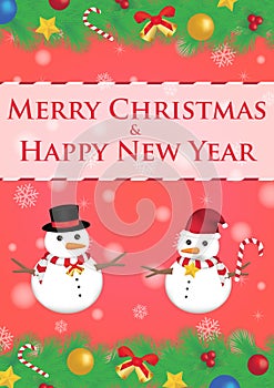 Merry christmas and happy new year ribbin with snowman and snow light bokeh background photo