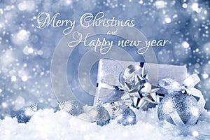 Merry Christmas and Happy New Year. A New Year`s background with New Year decorations.New Year`s card.