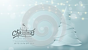 Merry Christmas and Happy New Year sale banner background with paper art and craft style.