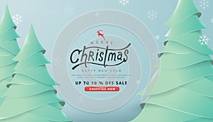 Merry Christmas and Happy New Year sale banner background with paper art and craft style.