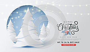 Merry Christmas and Happy New Year sale banner background with paper art and craft style.