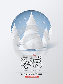 Merry Christmas and Happy New Year sale banner background with paper art and craft style.