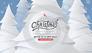 Merry Christmas and Happy New Year sale banner background with paper art and craft style.