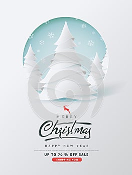 Merry Christmas and Happy New Year sale banner background with paper art and craft style