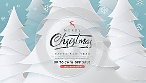 Merry Christmas and Happy New Year sale banner background with paper art and craft style