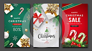 Merry Christmas and happy new year sale flyer poster three design collections background