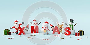 Merry Christmas and Happy New Year, Santa Claus and Christmas character with letters XMAS