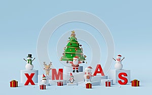 Merry Christmas and Happy New Year, Santa Claus and Christmas character with letters XMAS