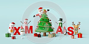 Merry Christmas and Happy New Year, Santa Claus and Christmas character with letters XMAS