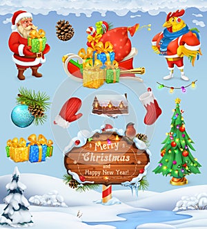Merry Christmas and Happy New Year. Santa Claus. Christmas tree. Wooden sign. Gift box. Winter background. Vector icon set