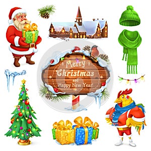 Merry Christmas and Happy New Year. Santa Claus. Christmas tree. Wooden sign. Gift box. Winter knitted hat. Vector icon set