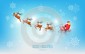 Merry Christmas and Happy New Year, Santa Claus drives sleigh with reindeer on snowflake, flat cartoon style, vector illustration