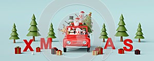 Merry Christmas and Happy New Year, Santa Claus and friend in a red car with Christmas decoration