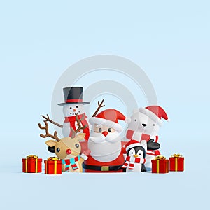 Merry Christmas and Happy New Year, Santa Claus and friends with Christmas gift